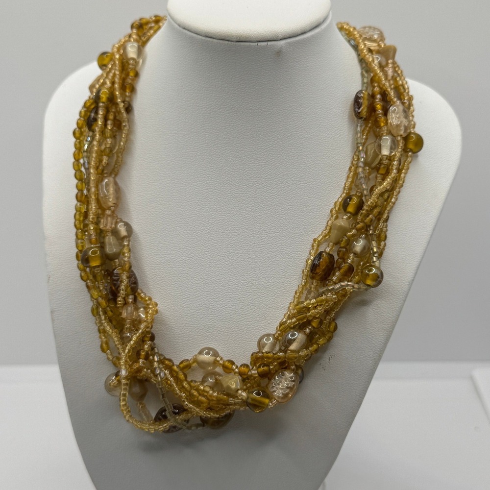 Amber Brown Multi Strand Beaded Statement Necklace Adjustable Boho Earthy Honey
